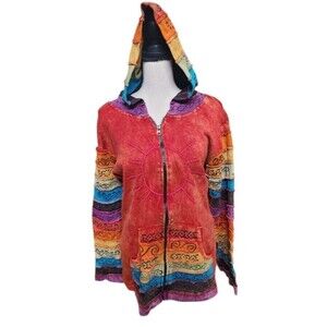 Greater Good Network Nepal Zip Front Jacket Hooded Size XL Cotton Boho Hippie